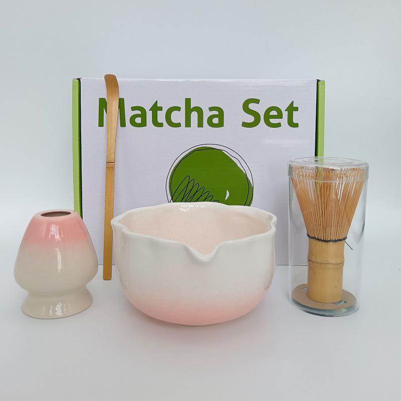 Japanese Ceramic Matcha Tool Set: Spout Bowl & Hundred-Bristle Whisk for Tea Ceremony