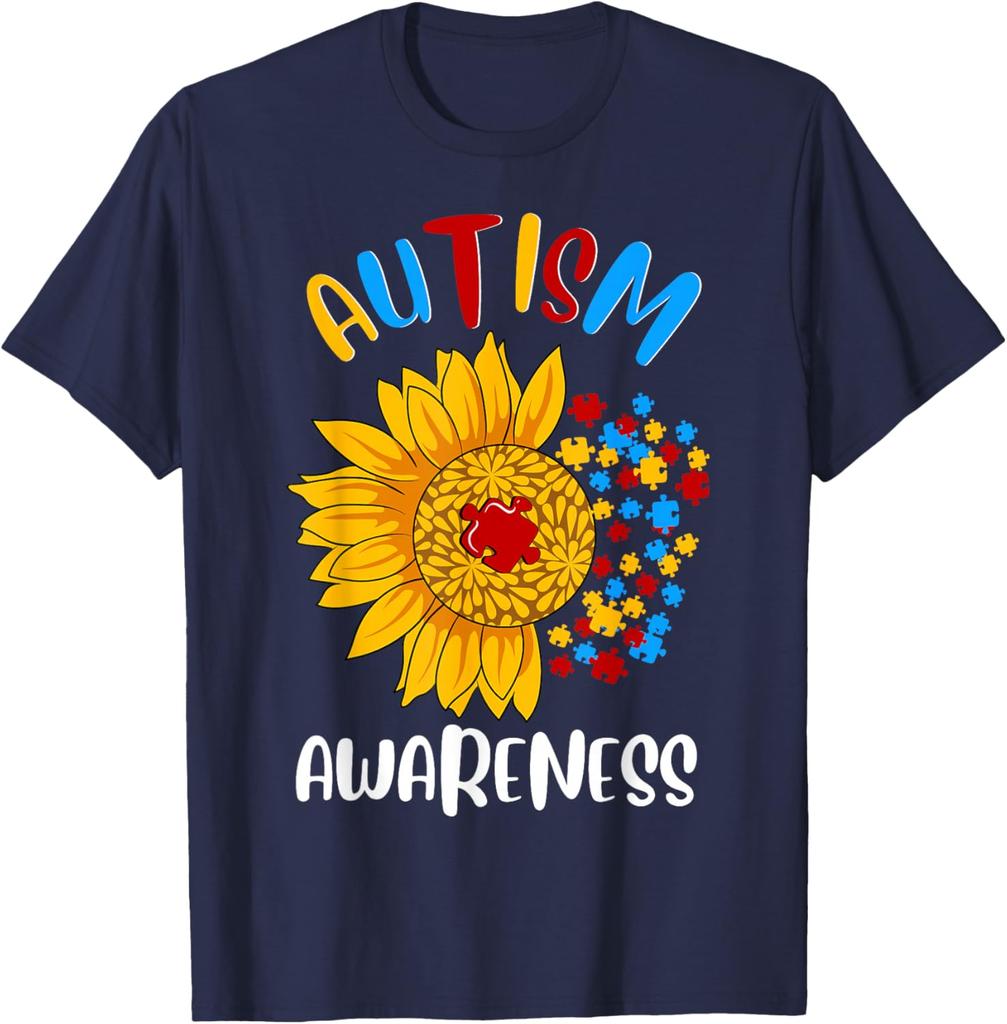 Autism Awareness Sunflower Print Cotton Casual Round Neck Short Sleeve T-Shirt Men Women