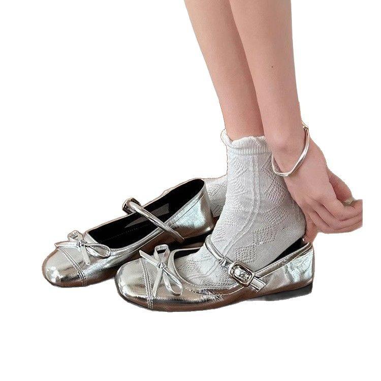 Versatile women's shoes silver light mouth ballet flat shoes 2025 new spring skirt French square head Mary Jane shoes