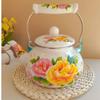 Emaille-Teekanne im chinesischen Stil 2,5L/1,5L, Anti-Verbrühungsgriff, Gasherd-Kessel, birnenförmige florale Emaille-Kaffeekanne