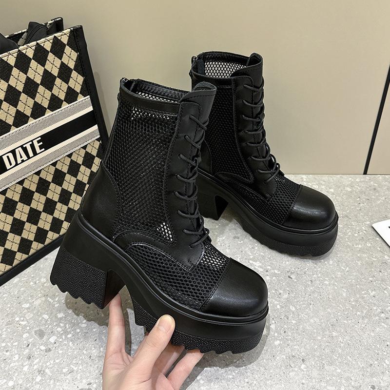 10Cm cowhide thick-soled net boots women's 2025 spring and summer new hollow Martin boots small man looks tall and thin Martin boots