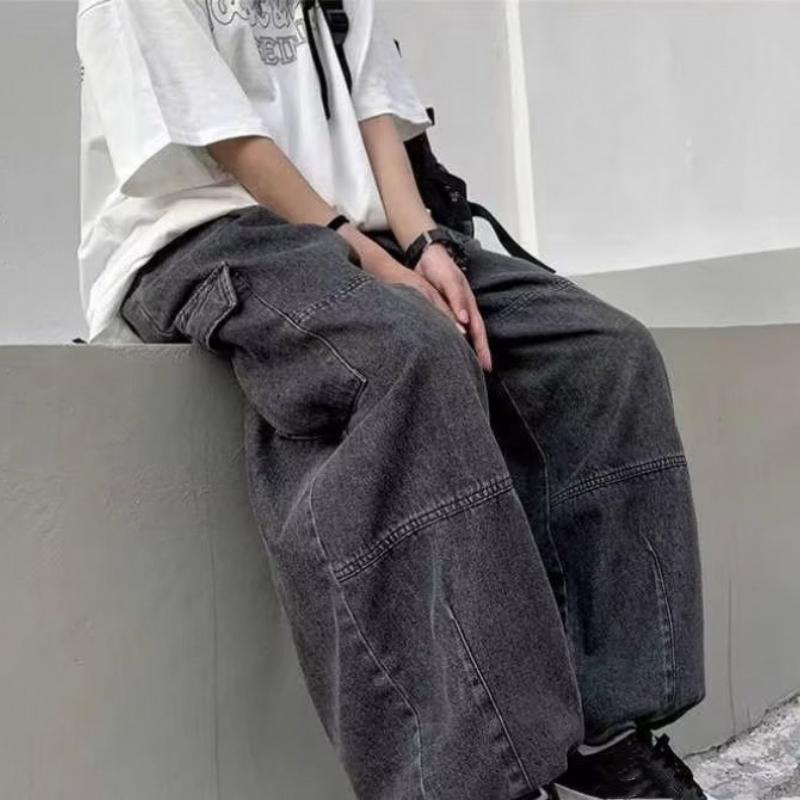 Spring Autumn Men Baggy Jeans Men Wide Leg Pants Multiple Pockets Elastic Waist Streetwear Trousers Male Loose Denim Pants Versatile Lantern Pants