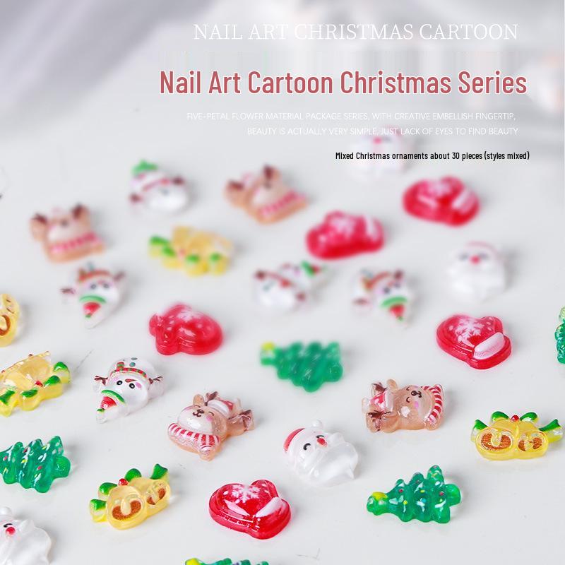 30-Piece Christmas Nail Art Set: Resin Rhinestones & Cute Cartoon Xmas Tree, Santa, Gloves Decorations