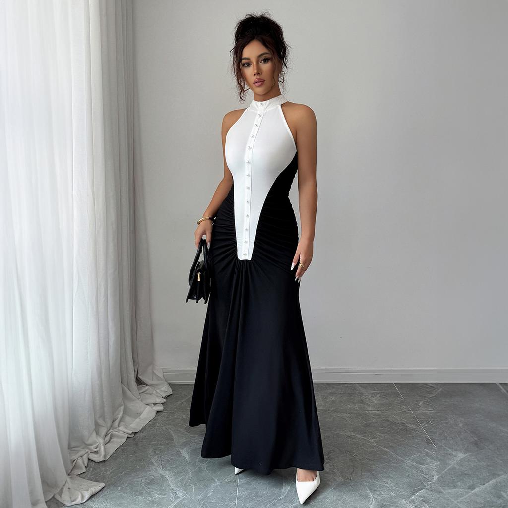 Cross-border European and American elegant style fashion color matching hip-wrapped dress dress women's clothing autumn and winter independent