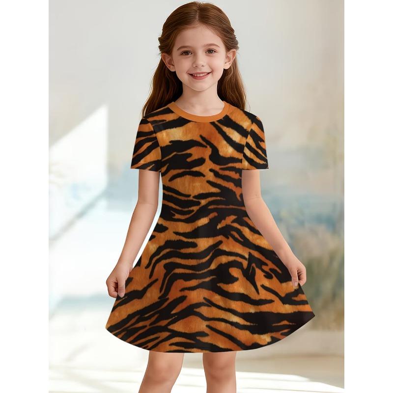 Leopard Print Summer Girls Dress Short Sleeves All Printed Frocks Cute A-Line Princess Dress for Young Girls