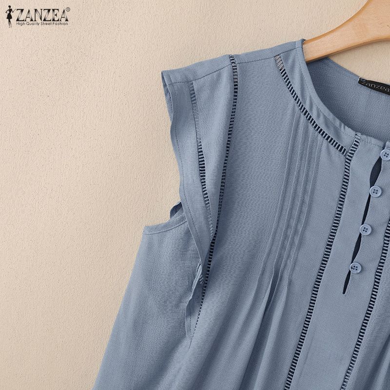ZANZEA Women Casual Round Neck Solid Color Summer Short Sleeve Blouse
