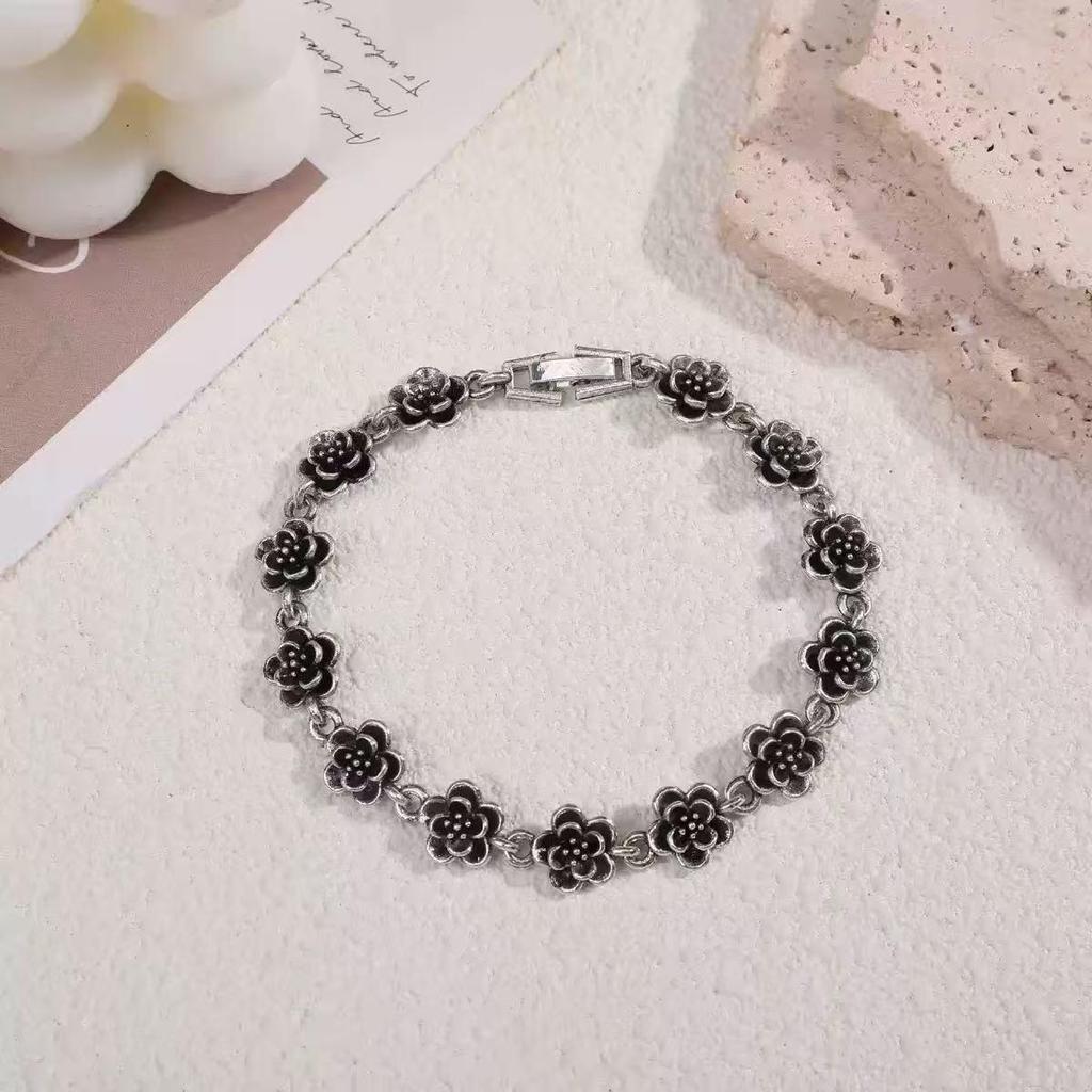 Bracelet Rose Noire Rétro - Accessoires Style Hip Hop Punk Cubain Européen-Américain