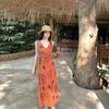 Orange Blossom Print Dress Retro Smudge Vacation Sleeveless Dress Waist Slim Dress