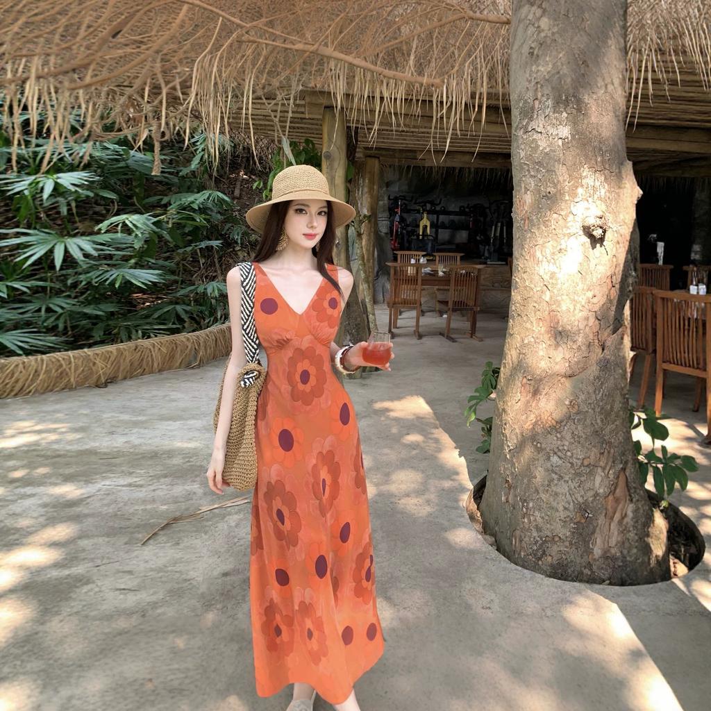 Orange Blossom Print Dress Retro Smudge Vacation Sleeveless Dress Waist Slim Dress
