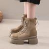 New Winter Thick Heel Cotton Boots for Women Round Head Suede Splicing Front Strap Thick Sole Non-slip Short Boots