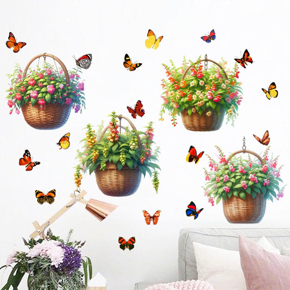 Flower Basket Butterfly Rose Peony Decals Self-adhesive Waterproof Wall Sticker