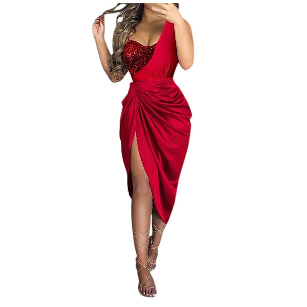 Dames effen kleur sexy pailletten split maxi gesmokte avondjurk met één schouder