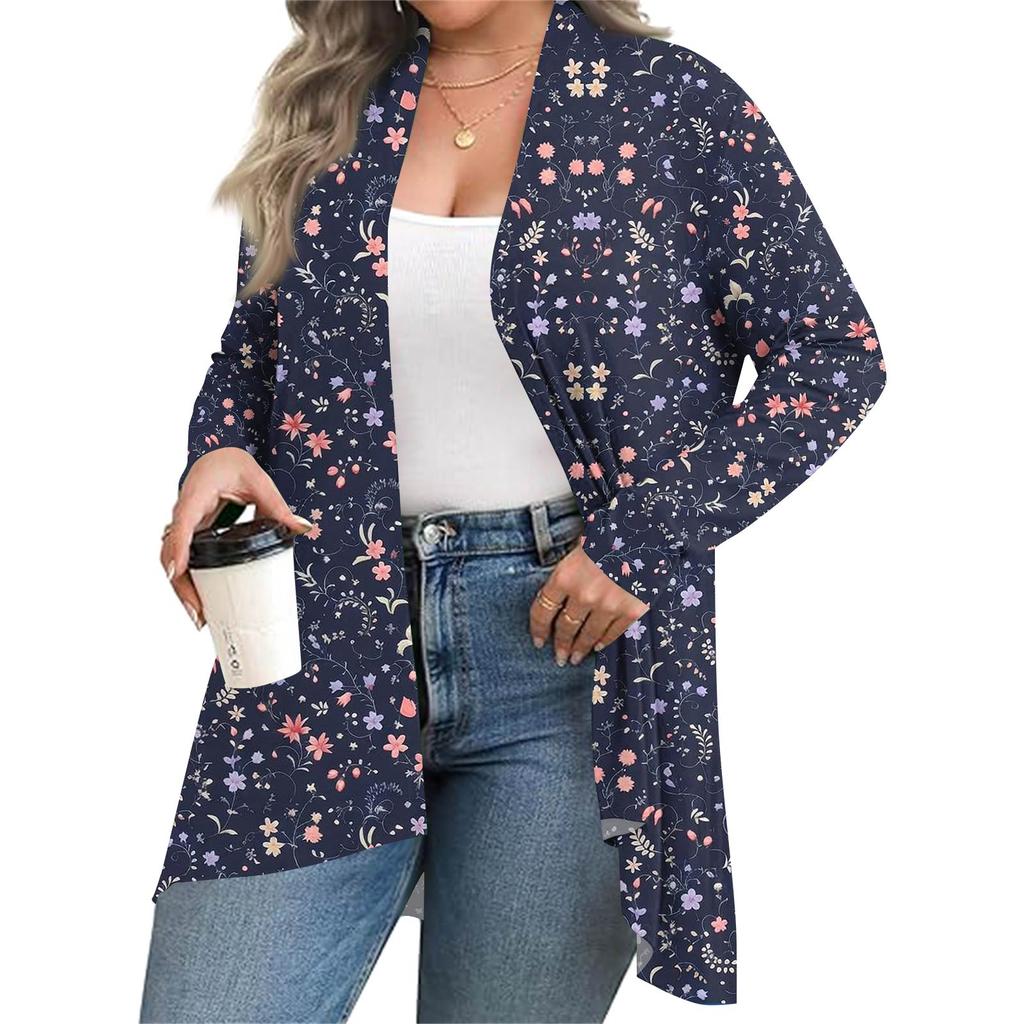 Women's Fall And Winter Fashion Casual Print Long Sleeve Mid-Length Cardigan Jacket