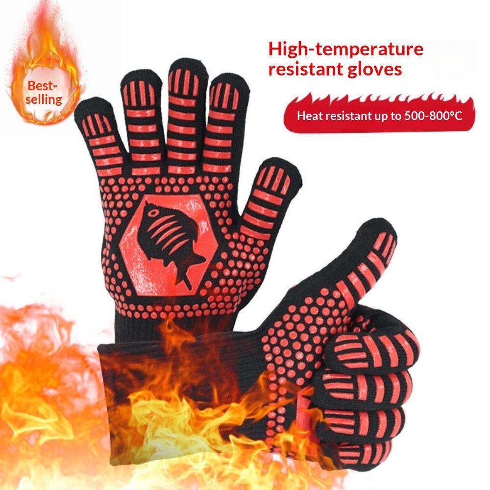 Hitzebeständige und hitzebeständige Grillhandschuhe mit fünf Fingern, wärmeisolierend, mikrowellengeeignet, mit Silikonbeschichtung.