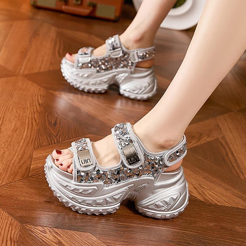 Fashion High quality 8cm Air Mesh Synthetic Genuine Leather Bling Chunky Sneakers 2024 Summer Women Vulcanize Platform Wedge Comfy Shoes