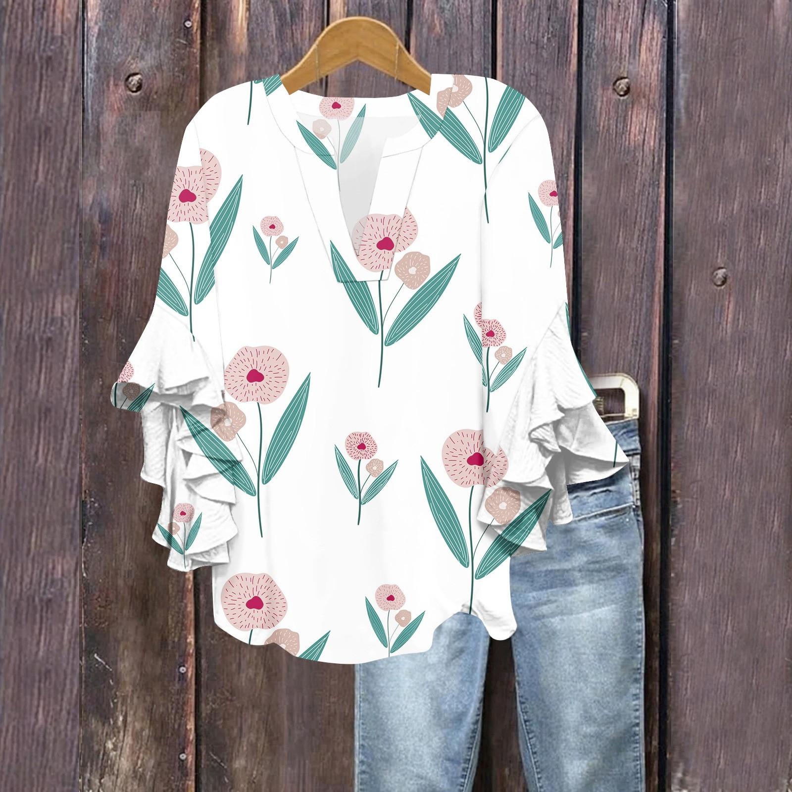 

Летние топы для женщин, симпатичные блузки с V-образным вырезом и рукавом 3/4, повседневные рубашки с цветочным принтом S розовый