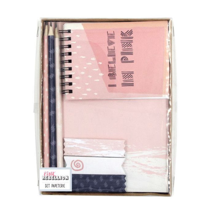 Set de papeterie : carnet, crayon, note adhésives Rose