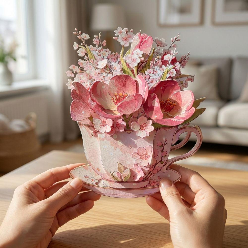 Papierblumen Teetasse Grußkarte Überraschungsgeschenke 3D Pop-Up Blumenstraußkarte Muttertag