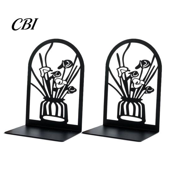Metal Bookend 1 Pair Flower Bookends, Decorative Vase Book Ends for Shaped Shelves, Black Holder Stopper Home Office Reading Room Desktop