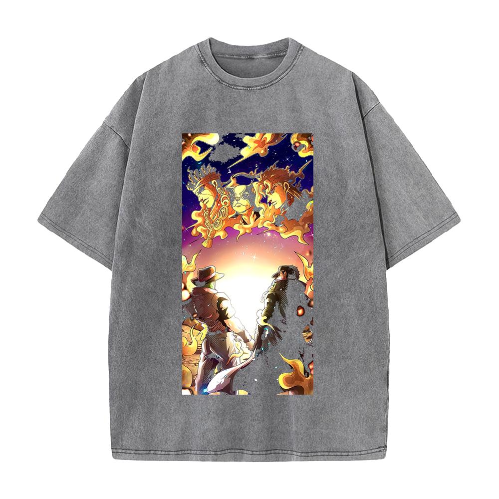 JoJo's Bizarre Adventure Stardust Crusaders Joutarou Joseph Print T-shirt Men Women Cotton Tshirt Retro Washed T Shirt Manga Top