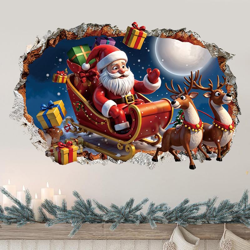 Christmas Broken Wall Home Living Room Wall Decoration Wall Sticker Self-adhesive Santa Claus Elk Holiday Wall Sticker