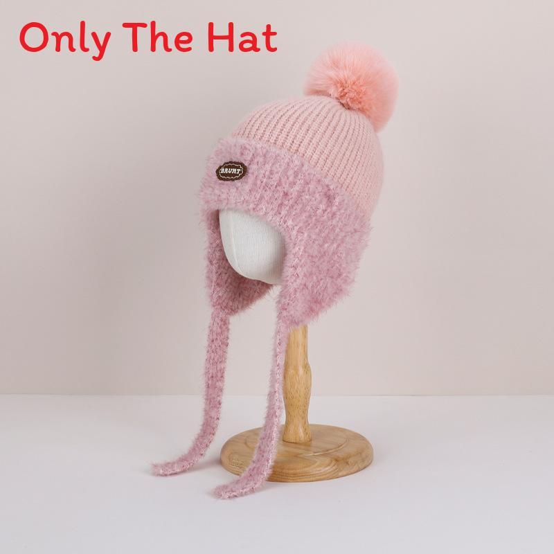 Childrens Fleece Lined Knitted Cap With Ear Covers For Winter Outdoor Use And Warmth Pink