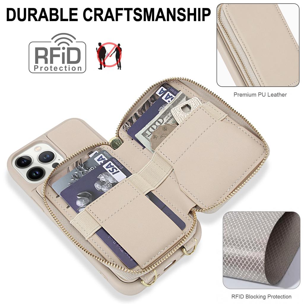 For iPhone 13 Pro Case RFID Blocking Zipper Wallet Leather + TPU Phone Cover with Shoulder Strap
