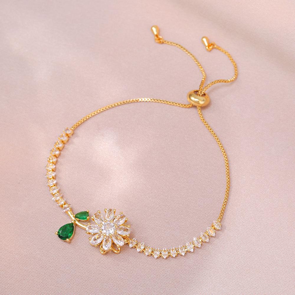 Women's Rotating Sunflower Zircon Necklace & Bracelet Set In Japanese-Korean Style, Fashionable Clavicle Chain