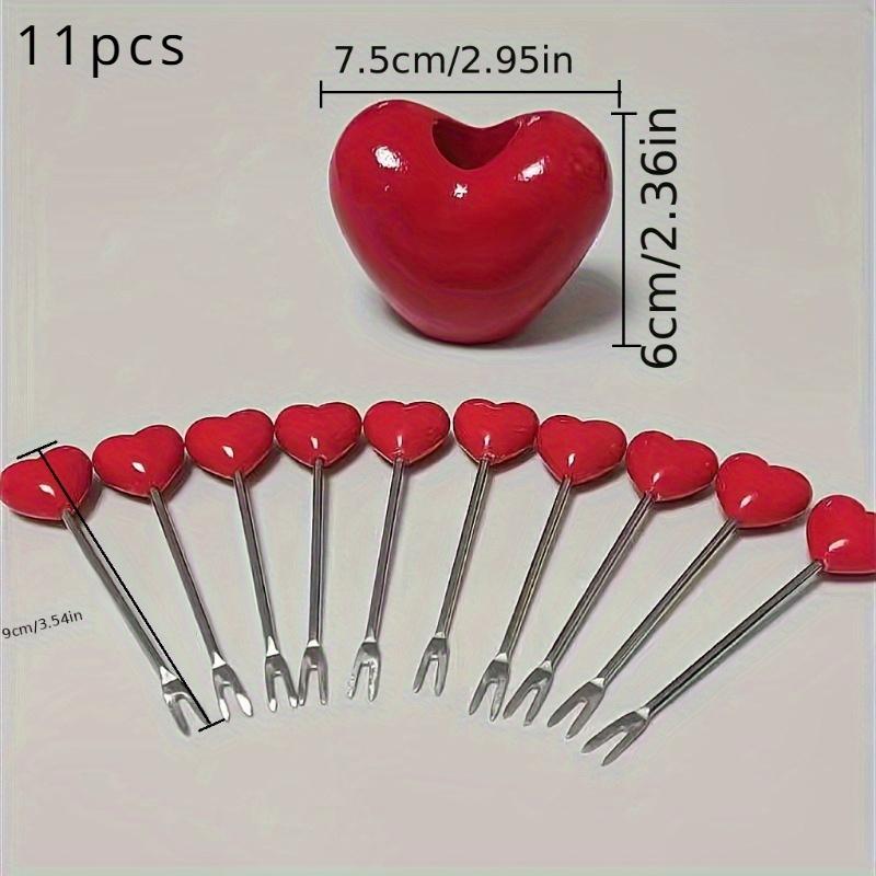 11-Piece Heart-Shaped Dessert Forks Set 10 Forks With Base Stainless Steel Fruit And Cake Forks Romantic Snack Picks