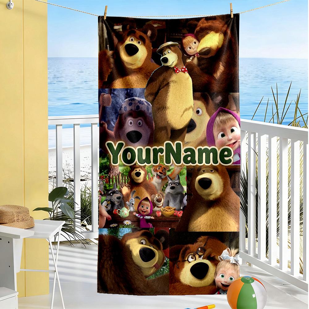 Masha Bear Personalized Name Beach Towel Super Soft Microfiber Quickdry Fabric Perfect for Traveling Yoga Camping and Swimming