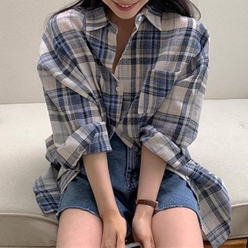 Koreansk Blårutete Skjorte Dame Vår og Høst Ny Design Nisje Skjorte Løs Temperament Jakke