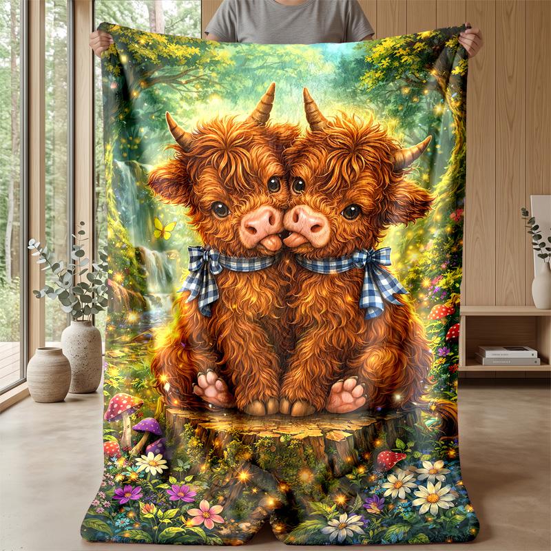 Highland Cows in Magical Forest Theme blanket Lightweight Warm Flannel Blanket Decorative Throw Blanket for Home Decoration