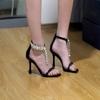 2026 New Open-Toe Square-Toe Gem Rhinestone Chain Strap Sandals for Women, Summer Black Stiletto Heels
