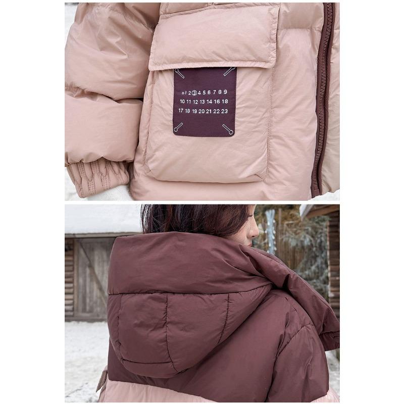 Damen Winter Colorblock Kapuzen Daunen Baumwolljacke Locker Kurz Gepolsterte Jacke Koreanisch Trendy