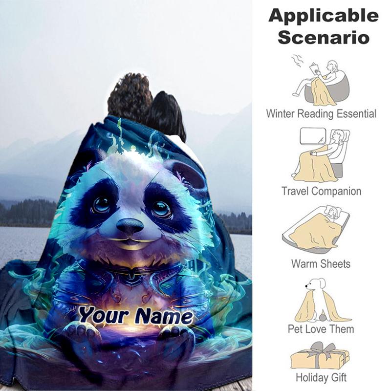 1PC Custom Name Panda Spirit Fantasy flannel blanket versatile,all-season throw suitable for the living room,bedroom,camping,travel,and gift