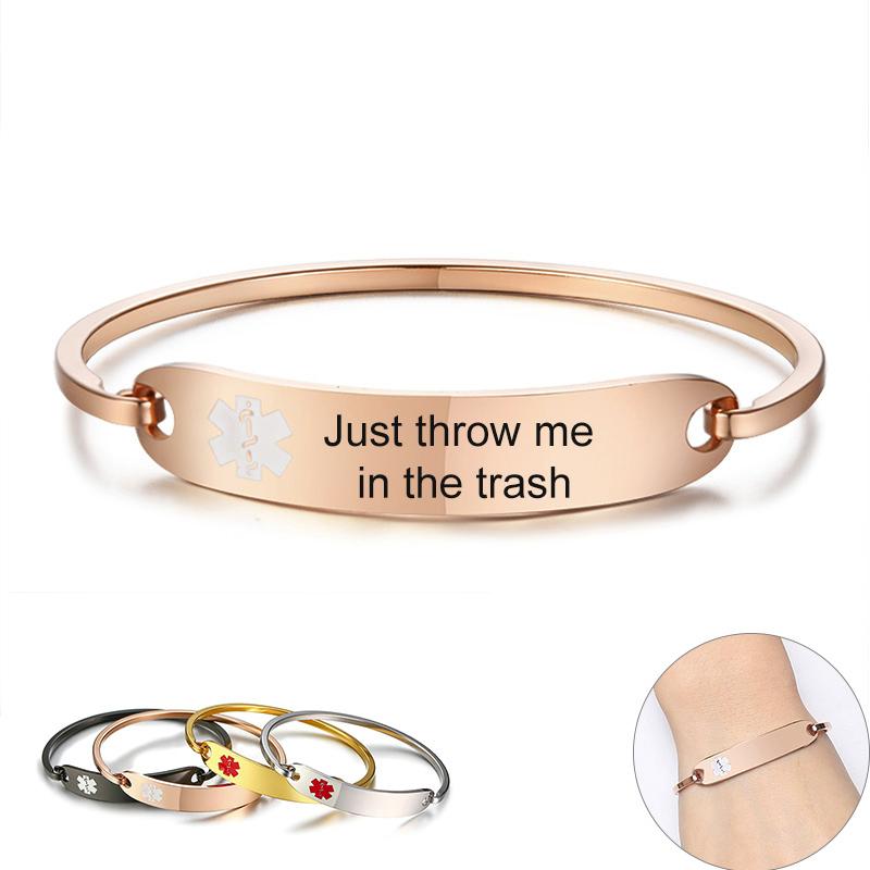 When I'm Dead Just Throw Me in The Trash Medical Alert ID Bracelets for Women Stainless Steel Elegant Personalize Cuff Bangle