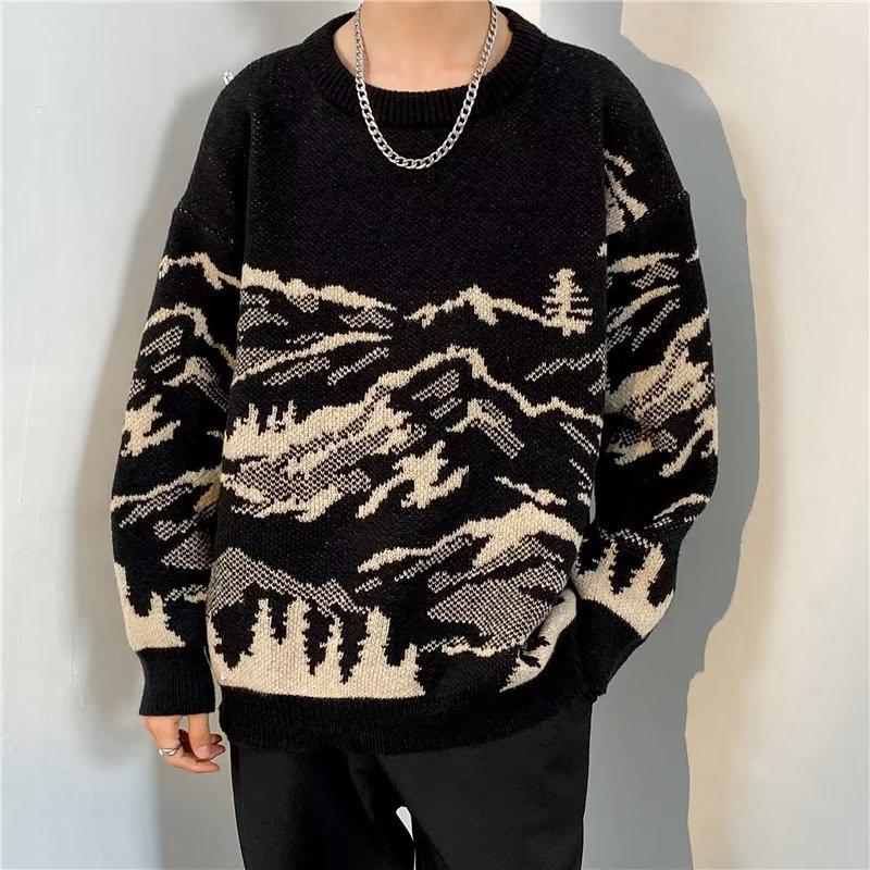 Men s Snow Mountain Loose Knit Sweater: Thick, Heavyweight Round Neck Japanese & Hong Kong Style for Autumn/Winter. 3XL
