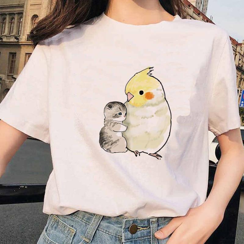Women's Polyester 100% European-Style Cartoon Parrot Cat Print T-shirt Short Sleeve Harajuku Graphic Top Summer