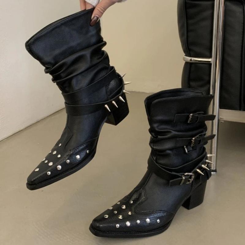 Pointed Toe Rivets Design Ankle Boots Women Fashion Punk Style Belt Buckle Chunky Heels Knight Short Boots Ladies Designer Pumps