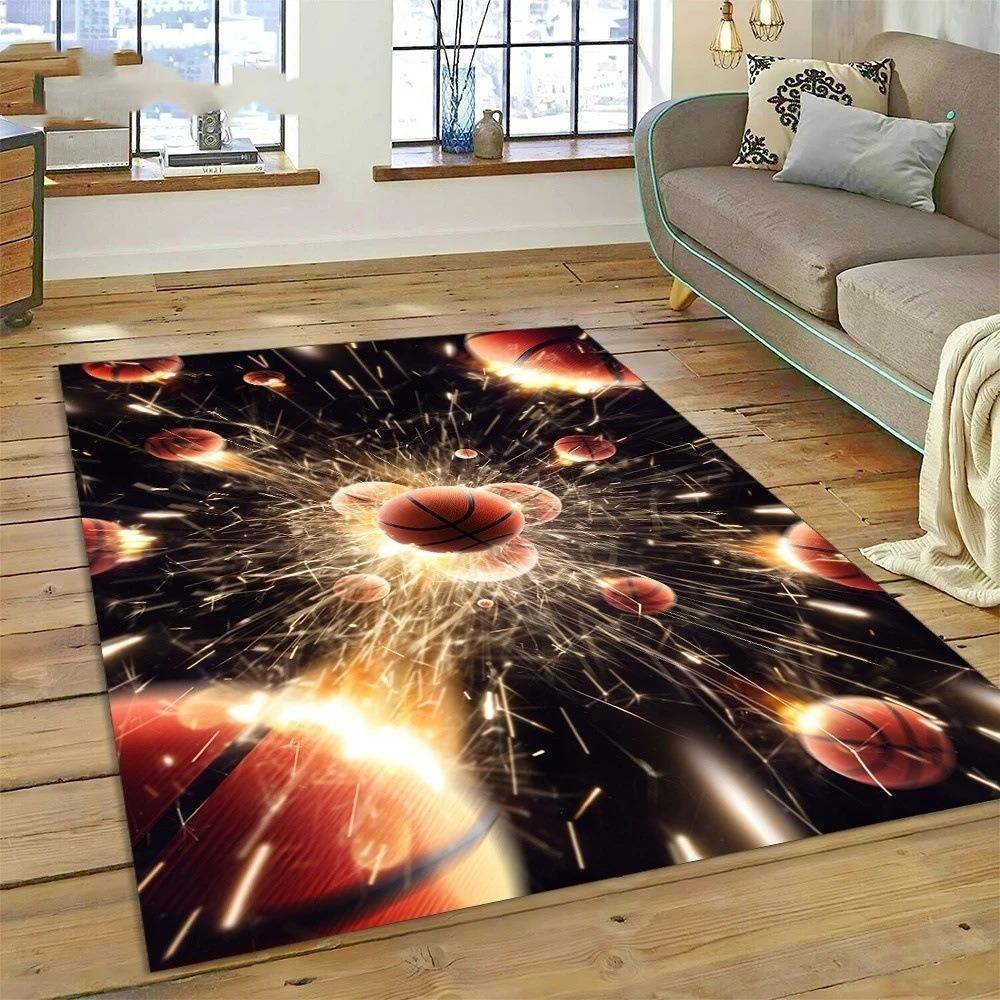 Basketball Pattern Carpet Mat Non-Slip Rug Home Decoration for Sports Fans Living Room Orange Basketball Design Floor Mat