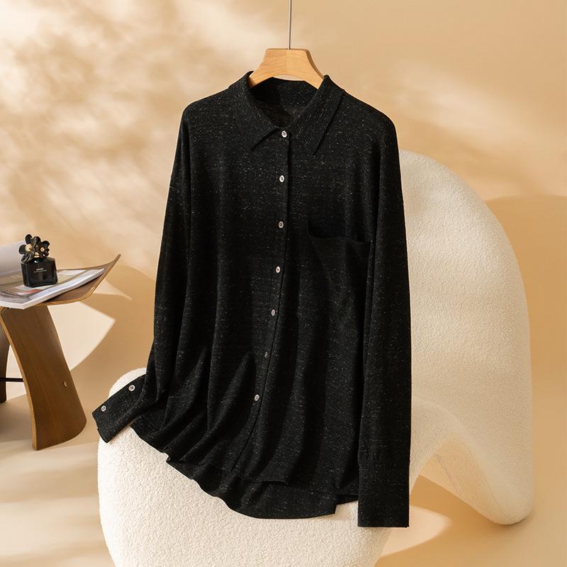 

2025 Пуюань Ранняя Осень Лен Мериносовая Шерсть Воротник Поло Вязаный Женский Повседневный Кардиган с Карманом M