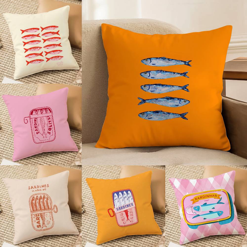 Cute Coastal Charm Sardines Pillow Case Anti-Dustmite Pillowcase Invisible Zipper Silky Short Plush Sofa Cushion Cover