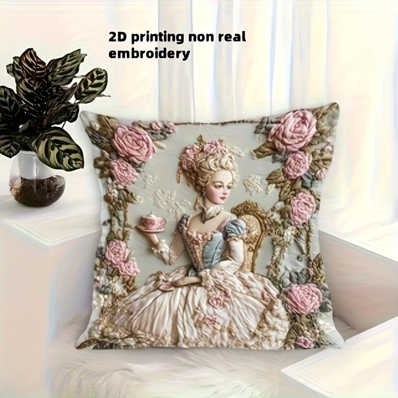 2D Flat Printing Elegant Pillow Cover With Vintage Lady Floral Design For Office Bedroom Living Room (No Insert One Side Print)
