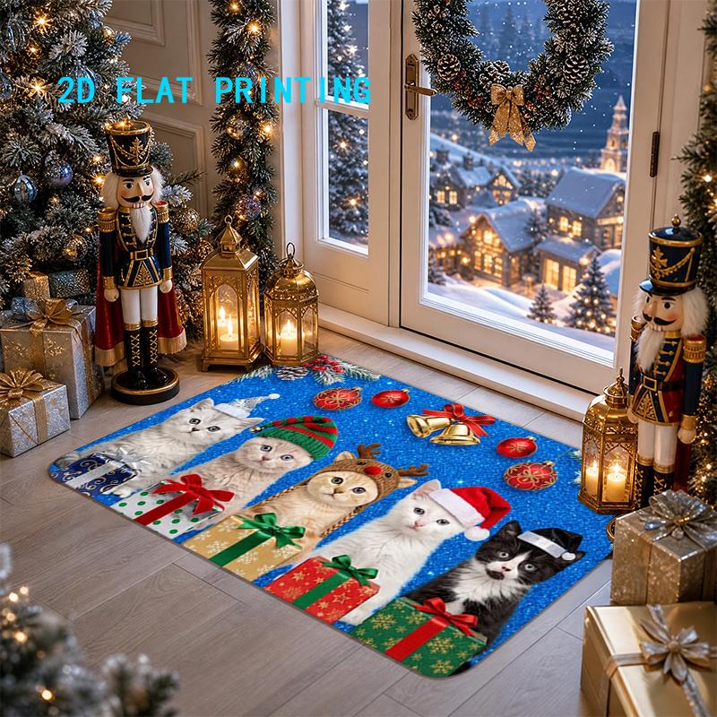1Pcs Anti Fatigue Kitchen Rugs Christmas Cat Theme Print Waterproof Non Slip Thick Cushioned Mat