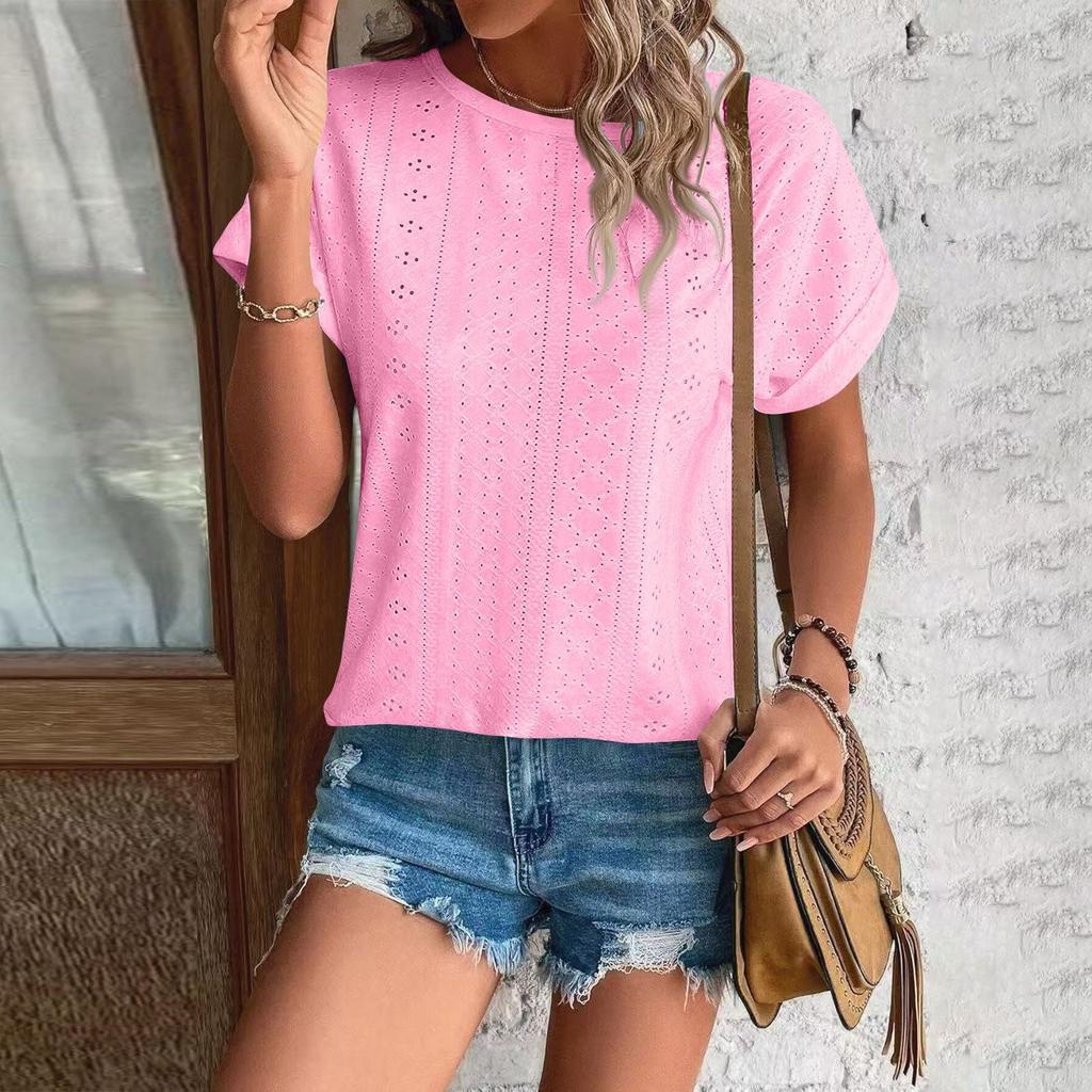 Women's Fashion Solid Color Round Neck Loose Short Sleeved Pullover T-shirt Top