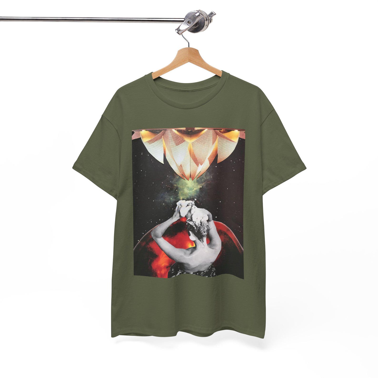 Surreal Cosmic Collage Art T Shirt Mythic Space Figure Graphic Tee Abstract Sci-Fi Art Cotton Shirt Wearable Art 4XL
