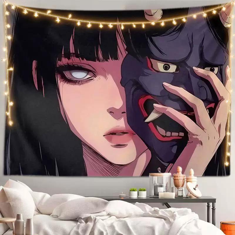 VIKAMA Cool Anime Girl Tapestry Black Hair Cool Girl Wall Hanging for Bedroom Dorm Gaming Room Decor Edgy Manga Art Poster