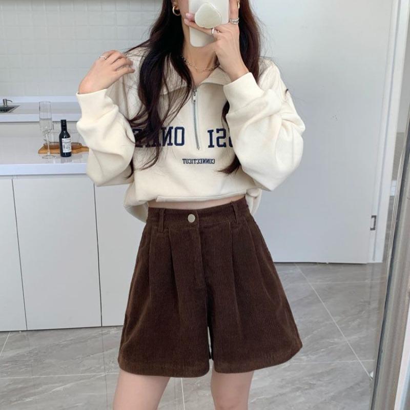 Corduroy Shorts for Women Autumn Winter Vintage Style Clothing Solid Wide-leg Shorts Casual Elastic Waist A-line Pants