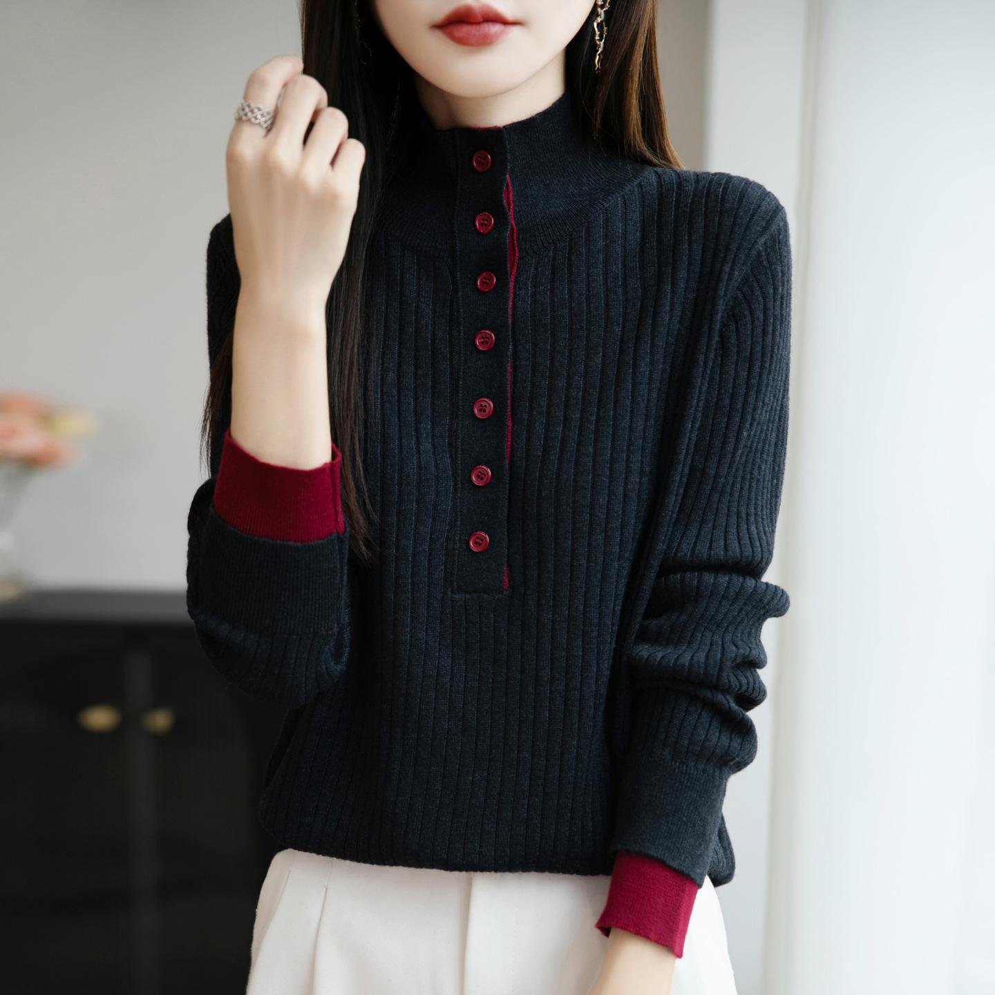 

New Autumn and Winter Style Striped Color-blocking Fake Two-piece Knitted Base Layer Women s Half-open-neck Pullover Long-sleeved Sweater L червоний/темно-сірий колір