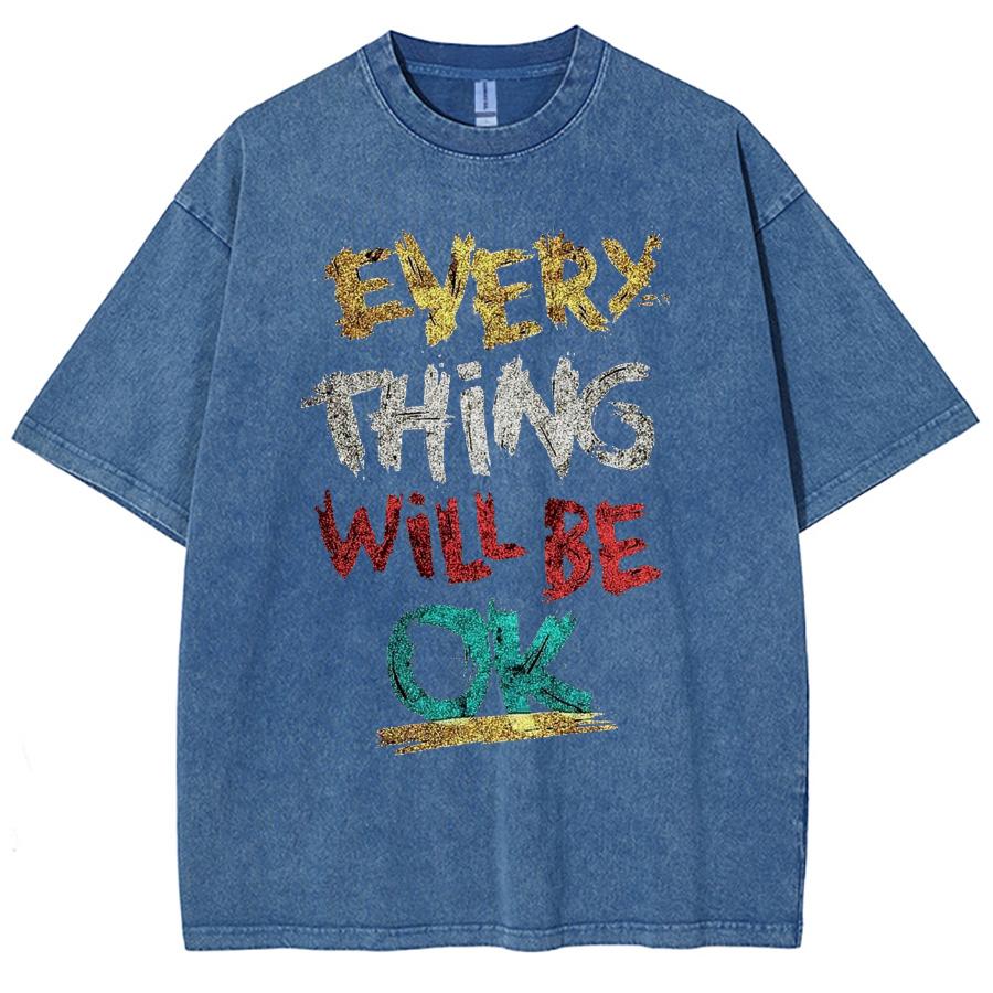 Every Thing Will Be Ok Monogram Print Wash Women Wash T-Shirt Imitation Denim Oversized Short Sleeve Everyday Design Top
